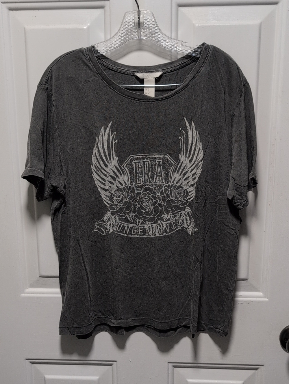 H&M Black Short Sleeve Tee with Winged Rose Graphic